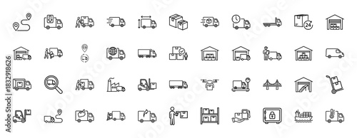 Logistics and delivery line icon set. Vector pictograms of truck, warehouse, forklift, box, drone, courier, ship and tracking, thin linear illustration.