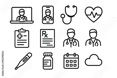 Telemedicine Icon Set. Telemedicine linear icon set. laptop, smartphone, stethoscope, video call, heart icon, medical chart, prescription, doctor avatar, thermometer, pill bottle