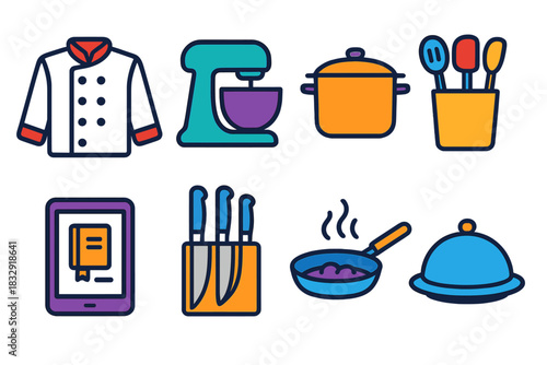 Modern Kitchen Icons. Modern Kitchen flat icon set: chef jacket, stand mixer, cooking pot, utensil holder, recipe tablet, knife set, steaming pan, serving plate