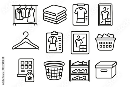 Organized Wardrobe Icons. Wardrobe Organization & Style linear icon set. clothing rack, folded stack, drawer divider, wooden hanger, minimalist closet, outfit planner, mirror
