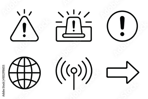 Breaking News Icons. Breaking News Set linear icon set: alert icon, flashing banner, exclamation mark, globe outline, signal waves, urgency arrow