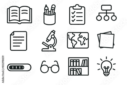 Study Symbols Icons. Study & Knowledge Symbols linear icon set: book open, pencil case, clipboard checklist, concept diagram, reference sheet, microscope icon, geography map