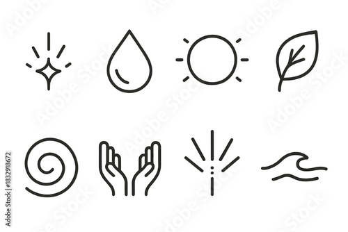 Rejuvenation Icons Set. Rejuvenation Icons Set linear icon set: rising spark, fresh droplet, soft glow ring, renewed leaf, gentle swirl, open hands, light beam, calm wave