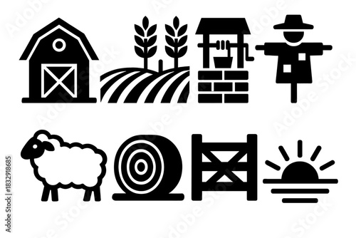 Brutalist Rural Icon Set. Rural Landscape silhouette icon set. barn, wheat field, water well, scarecrow, sheep, hay bale, wooden gate, sunrise.