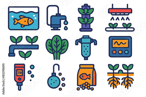 Modern Aquaponic Icons. Vertical Aquaponic Systems flat icon set: fish tank, water pump, grow tower, LED grow light, nutrient pipe, leafy greens, water filter, control panel, pH