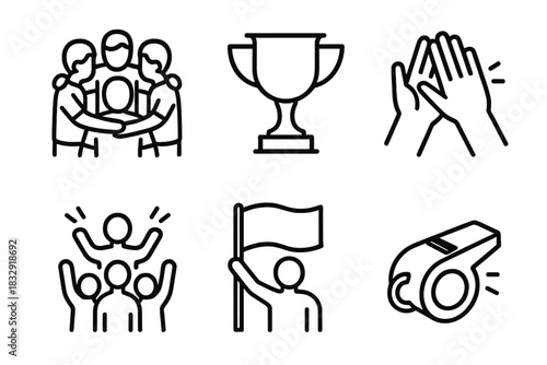 Victorious Team Celebration. Team Spirit linear icon set. group huddle, trophy, high five, cheering crowd, team flag, whistle