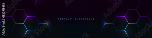 Hexagonal technology futuristic dark wide vector abstract background with blue and pink colored bright flashes under hexagon. Gaming honeycomb abstract banner design.