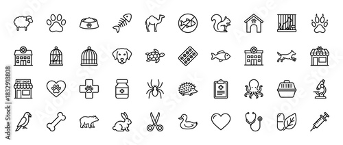 Pet care and veterinary line icon set. vector pictograms of dog, cat, medicine, clinic, and medical tools, thin linear illustration.