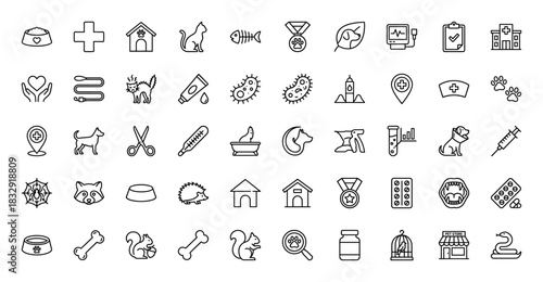 Veterinary medicine and pet care line icon set. Vector pictograms of syringe, stethoscope, dog, cat, and pet food, thin linear illustration.