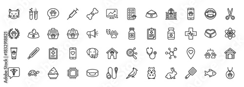 Veterinary line icon set. vector pictograms of pets, clinic, syringe, stethoscope, medicine, and animal care, thin linear illustration.