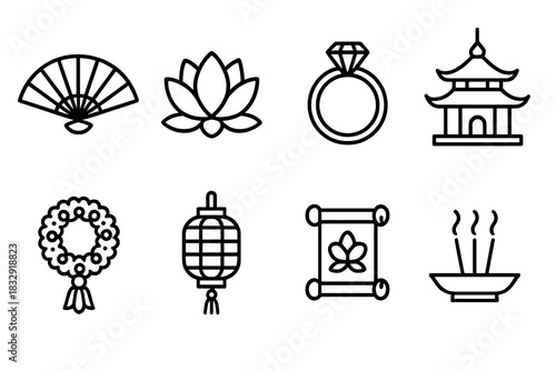 Elegant Oriental Wedding Icons. Oriental wedding details concept linear icon set: fan, lotus flower, wedding ring, temple, garland, lantern, scroll, incense , smooth elegant