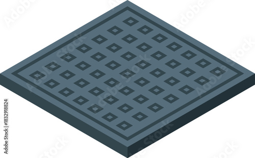 Isometric view of a square manhole cover, providing access to underground utilities and ensuring pedestrian safety