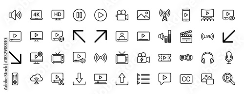 Multimedia and streaming line icon set. Vector pictograms of play button, camera, screen, volume, and headphones, thin linear illustration.