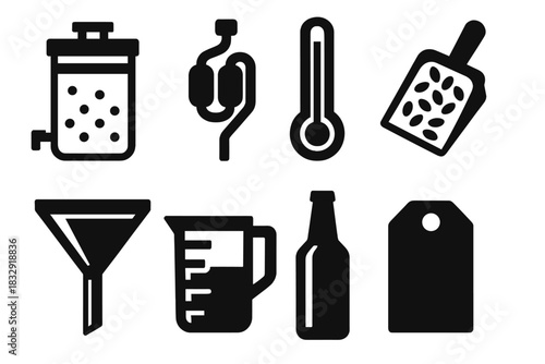 Brutalist Brewing Icons. Home Brewing silhouette icon set: fermenter, airlock, thermometer, grain scoop, funnel, measuring cup, bottle, label tag