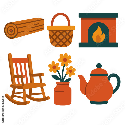 Rustic Icon Set. Rustic Charm flat icon set: wooden beam, basket, fireplace, rocking chair, flower jar, teapot