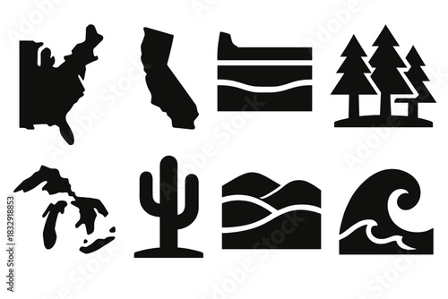 USA Geography Icons. USA Geography silhouette icon set: east coast outline, west coast outline, plains icon, forest cluster, great lakes shape, desert cactus, rolling hills