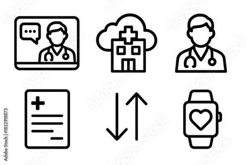 Remote Healthcare Icons. Remote Patient Care linear icon set: video call, hospital cloud, doctor avatar, medical report, data transfer arrows, wearable tracker
