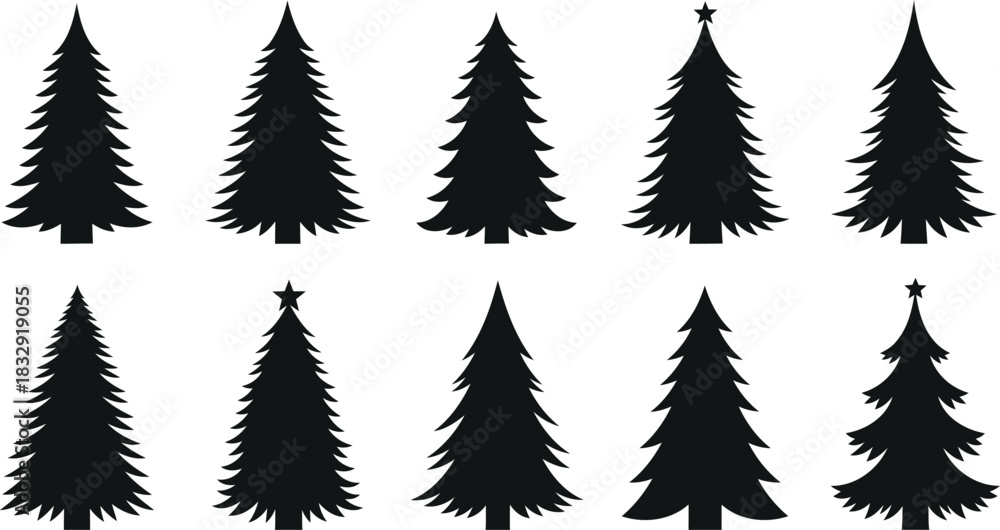 Fototapeta premium Christmas tree silhouette clipart set. Black Christmas tree drawing clip art collection in white background for xmas season pine tree flat icon decoration vector. 