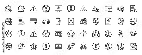 Warning and alert line icon set. Vector pictograms of error, danger, notification, security, and hazard signs, thin linear illustration.