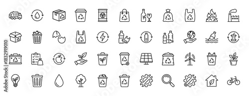 Ecology and recycling line icon set. Vector pictograms of trash cans, solar panel, wind turbine, and waste management, thin linear illustration.