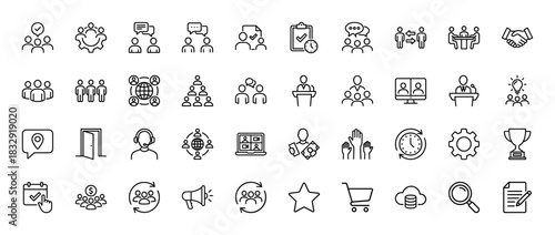 Business and human resources line icon set. Vector pictograms of teamwork, meeting, hiring, handshake, leadership, strategy and office, thin linear illustration.