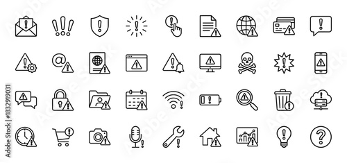 Security and warning line icon set. vector pictograms of email, shield, globe, error, data, trash, lock, and smartphone, thin linear illustration.