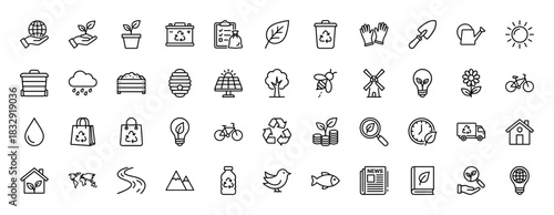 Ecology and sustainability line icon set. Vector pictograms of recycling bin, plant, sun, house, and bee, thin linear illustration.