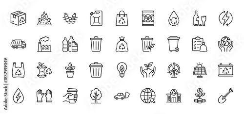 Ecology and environmental protection line icon set. Vector pictograms of recycling, waste management, and renewable energy symbols, thin linear illustration.