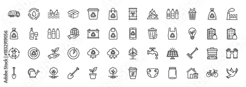 Ecology and recycling line icon set. Vector pictograms of waste, renewable energy, and nature elements, thin linear illustration.