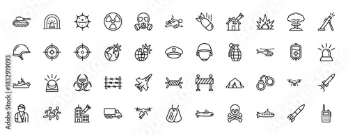 Military and war line icon set. Vector pictograms of radiation, bomb, tank, submarine, and missile, thin linear illustration.