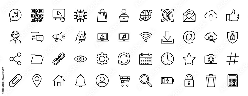 Fototapeta premium Technology and communication line icon set. Vector pictograms of settings gear, mail envelope, video player, and notification bell, thin linear illustration.