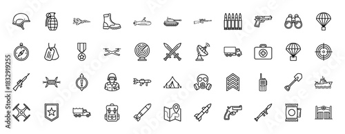 Military line icon set. Vector pictograms of tank, soldier, weapon, gun, medal, radar, helicopter, grenade, tent, thin linear illustration.