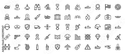 Military line icon set. Vector pictograms of soldier, tank, weapon, medal, radar, helicopter, submarine, grenade, missile, jet and ship, thin linear illustration.