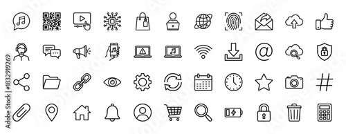 Technology and communication line icon set. Vector pictograms of settings gear, mail envelope, video player, and notification bell, thin linear illustration.