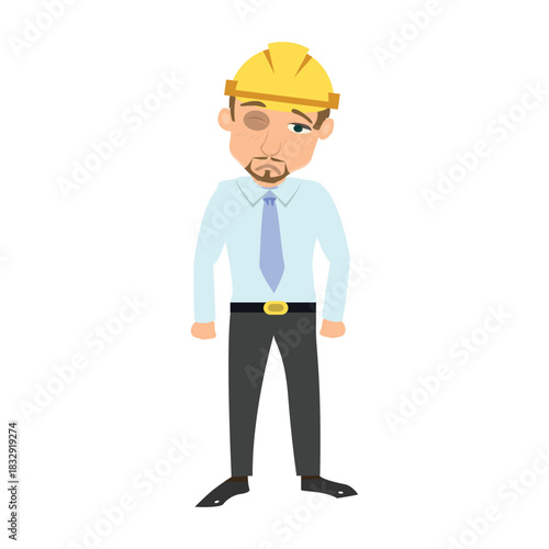 Cartoon illustration of a construction worker or engineer wearing a hard hat, looking sad and beaten with a bruised black eye. Workplace safety and injury concept