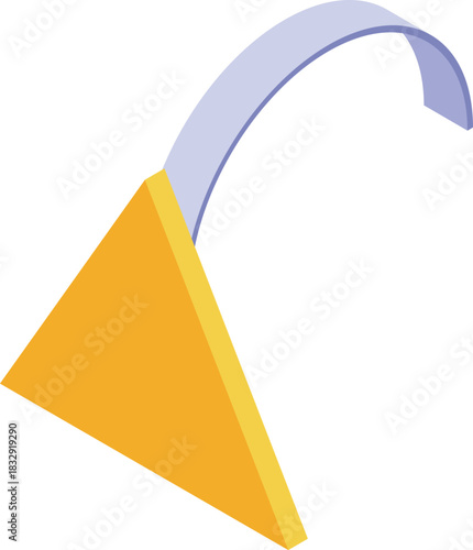 Flexible paperclip is holding a vibrant yellow triangle, creating an interesting visual in isometric projection