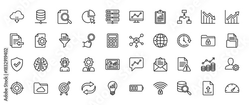 Business and data analysis line icon set. Vector pictograms of charts, security, database, and cloud computing, thin linear illustration.