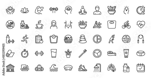 Healthy lifestyle and wellness line icon set. Vector pictograms of yoga, fitness, diet, meditation, and exercise, thin linear illustration.