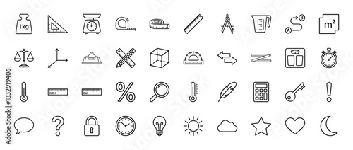 Measurement and calculation line icon set. Vector pictograms of ruler, scale, thermometer, calculator, and compass, thin linear illustration.