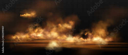 Vector realistic background with yellow-orange clouds on a dark transparent background. Detailed clouds with smoke and soft glow effect. Background for special effects, games.