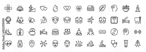 Wellness and healthcare line icon set. Vector pictograms of fitness, relaxation, spa, and medical symbols, thin linear illustration.