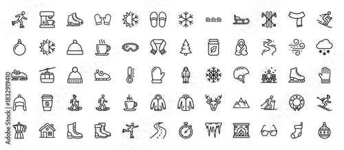 Winter and cold weather line icon set. Vector pictograms of snowflake, skiing, snowboarder, ice skate, jacket, hat, and sled, thin linear illustration.