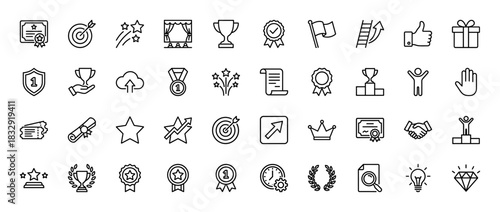 Success and achievement line icon set. Vector pictograms of trophy, award, medal, target, diploma, and star, thin linear illustration.