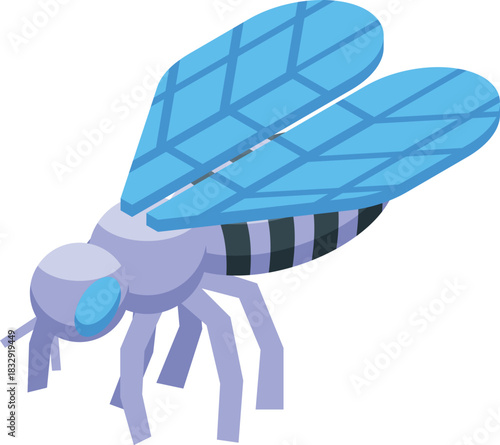 Purple wasp with blue wings flying and showing its stinger