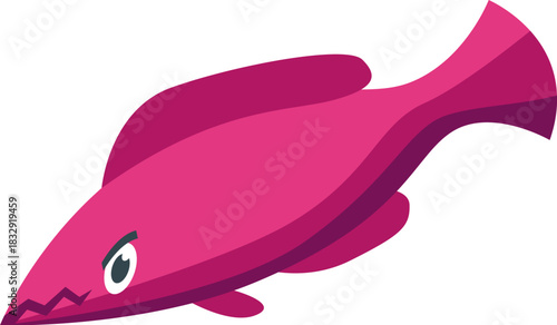 Cartoon illustration of a pink fish swimming underwater with angry expression