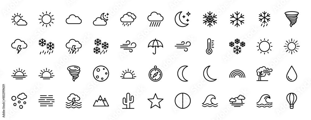 Naklejka premium Weather and meteorology line icon set. Vector pictograms of sun, rain, snow, lightning, and wind, thin linear illustration.