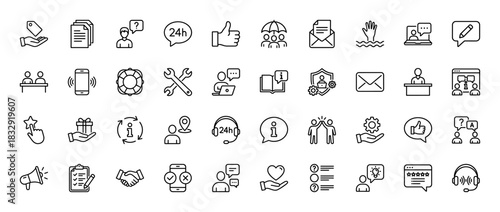 Customer support and service line icon set. Vector pictograms of feedback, assistance, operator, and communication, thin linear illustration.