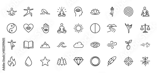 Wellness, nature, and spirituality line icon set. vector pictograms of meditation, yoga poses, sun, yin yang, elements, and abstract concepts, thin linear illustration.