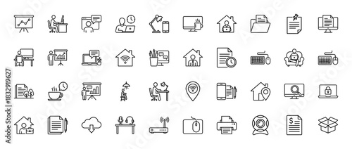 Remote work and home office line icon set. vector pictograms of documents, computer, presentation, and devices, thin linear illustration.