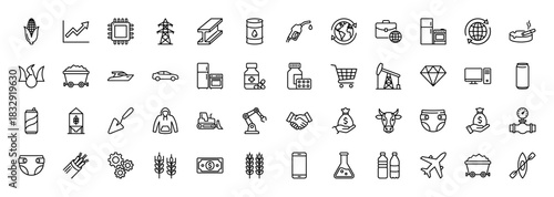 Business and industry line icon set. Vector pictograms of growth, factory, finance, energy, food, and communication, thin linear illustration.